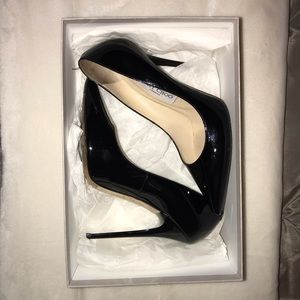 Black Patent Leather Jimmy Choo Anouk. 3.5” heel.